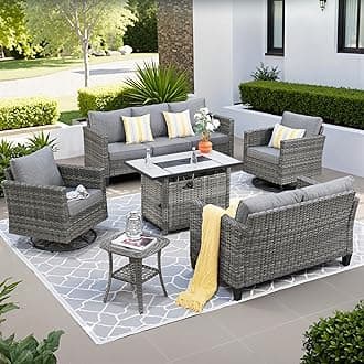 ovios 6 Pieces Patio Furniture Set with Rectangular Fire Pit Table, Swivel Rocking Chairs, Loveseat, Outdoor High Back Wicker Rattan Conversation Set for Deck Porch, Dark Grey
