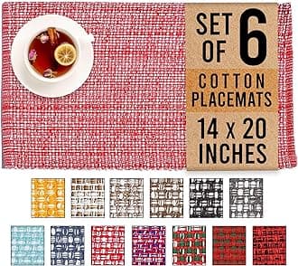 Urban Villa, 100% Cotton Two Tone Place Mats,14''x 20'' Over Sized, Set of 6,Red/White Every Day Use, Heavier Quality