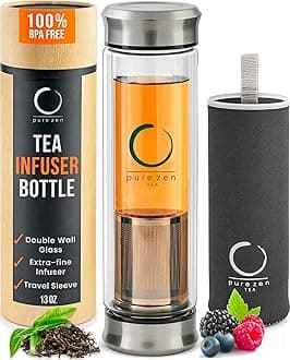 Pure Zen Tea Tumbler with Infuser - Double Wall Glass Travel Mug with Stainless Steel Filter - Leakproof Tea Infuser Bottle for Loose Leaf Infusions and Fruit Infused Water - Unique Gift Set - 13 oz