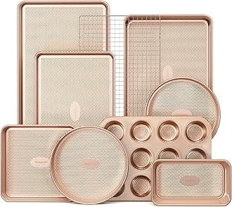 HONGBAKE 9-Piece Baking Pans Set Nonstick, Stackable Non Toxic Bakeware Sets with Diamond Texture, Oven Pan Set for Cooking, Includes Cookie Sheet with Rack, Cake Pan, Roasting Pan, Muffin Pan, Gold