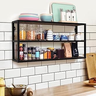 ABOUT SPACE Large Kitchen Rack for Kitchen Accessories - 3 Shelves Wall Mount for Living room - Table top Rack for Storage and Organizer - Metal Frame with Engineered wood (Brown - LxBxH 90x20x45 cm)