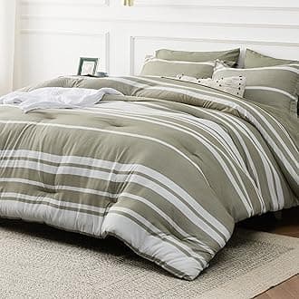 Bedsure California King Comforter Set 7 Pieces, Olive Green White Striped Bedding Comforter Sets All Season Bed Set, 2 Pillow Shams, Flat Sheet, Fitted Sheet and 2 Pillowcases
