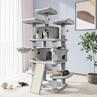 Allewie 68 Inches Cat Tree/House and Towers for Big Feline/Scratching Post/Multi-Level Large Kitty Climbing Tree with Condo/Light Grey