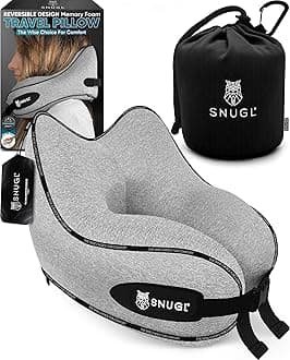 SNUGL Travel Pillow - Memory Foam Neck Cushion - Flight Pillow | Support Neck Pillow for Travel | Travel Neck Pillow for Airplane with Carry Bag & Clip | Flying Travel Essentials (Grey - Small)