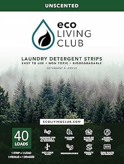 Eco Living Club Laundry Detergent Sheets Hypoallergenic, Eco-Friendly, Biodegradable, Plastic Free, Paraben and Cruelty Free, Travel Friendly Eco-strips (40 Load) (Unscented)