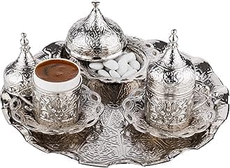 DEMMEX Turkish Greek Arabic Coffee Serving Set – 11 Piece Handmade Coffee Set with Cups, Saucers, Lids, Sugar Bowl & Decorative Tray (Silver)
