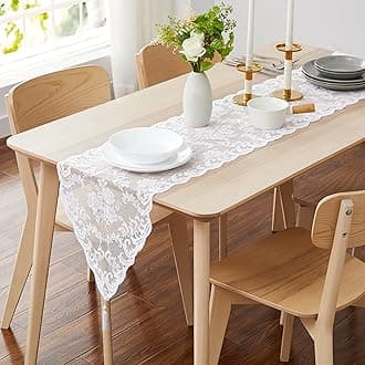 LINENZONE White Table Runner with 2 Tassels for Rustic Vintage Decor. Lace Table Runner Works Great As Wedding Table Runner, Thanksgiving Table Runner, Christmas Table Runner (Mia 14 x 120, White)