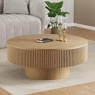 YOUDENOVA 31.5” Round Fluted Coffee Table, Modern Wood Circle Coffee Table, Veneer Handcrafted Relief Tea Table with Sturdy Pedestal for Living Room - Natural