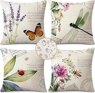 Coeufuedy Spring Outdoor Waterproof Throw Pillow Covers 18 x 18 Inch Set of 4 Butterfly Dragonfly Ladybug Bee Flower Decorative Cushion Cases for Sofa Couch Patio Furniture