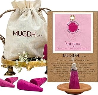 Mugdh Natural Incense Cones – Rose | Bambooless, Low Smoke, Charcoal Free Dhoop Cones | 80 Gulab dhoop batti | Free Cotton Potli & Dhoop Stand | Home Fragrance, Pooja & Meditation