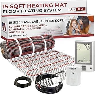 LuxHeat 15sqft Floor Heating Mat Kit – 120v Electric Radiant Heated Flooring System – Floor Heating System Under Tile & Laminate - Includes UDG Programmable Thermostat w/GFCI, Alarm & Sensor