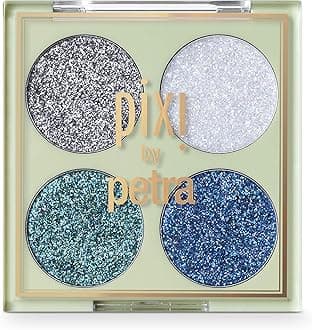Pixi Beauty Glitter-y Eye Quad - BluePearl | Four Pressed Glitter Eyeshadow Shades | Castor Oil & Vitamin E Infused Eye Makeup