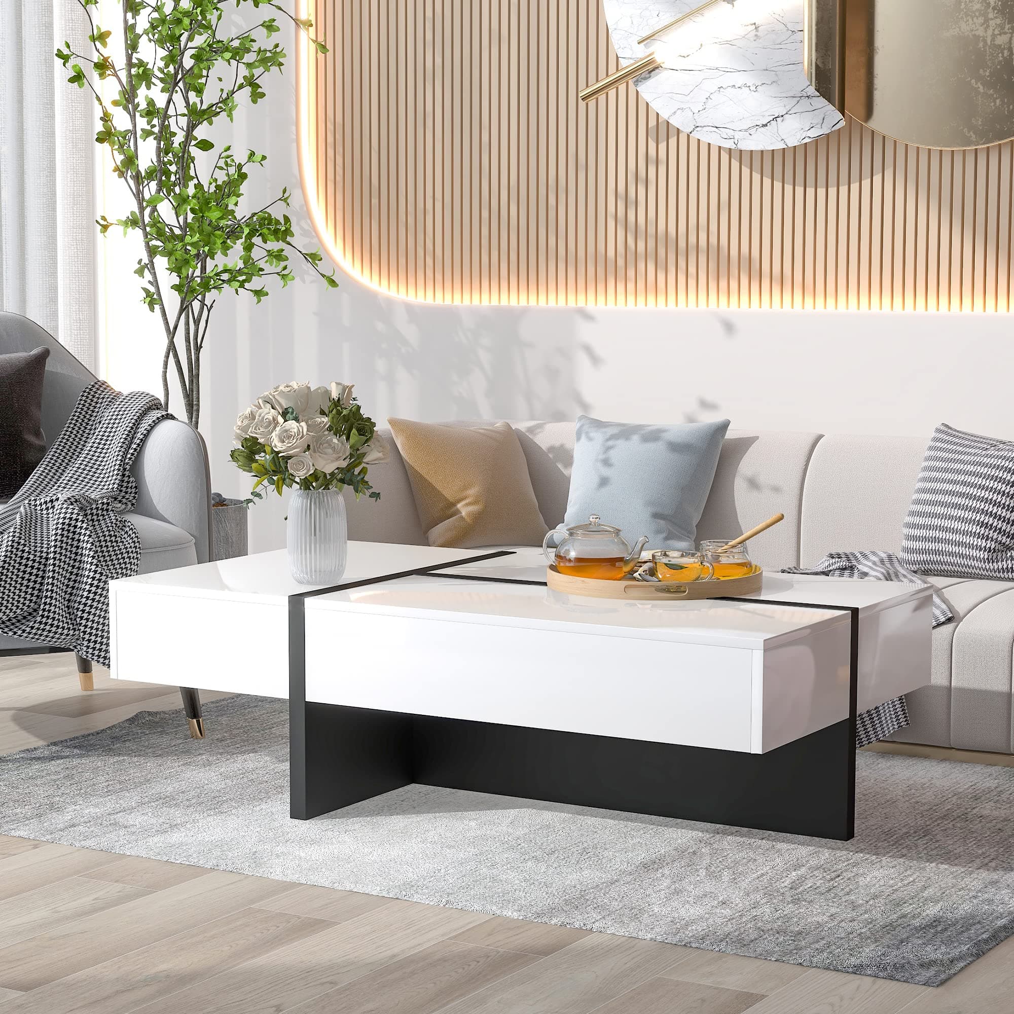 Polibi45'' L Rectangle Coffee Table with Large Drawer, Modern High Gloss Surface Cocktail Table, Center Table for Living Room Sofa (White)