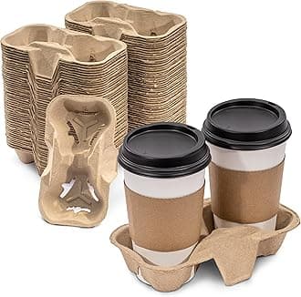 FMP Brands 100 Pack 2 Cup Pulp Fiber Drink Carrier Trays, Biodegradable Cup Holder Carrier for Hot and Cold Drinks, Disposable Drink Caddy for Delivery, Uber Eats, Coffee Shops