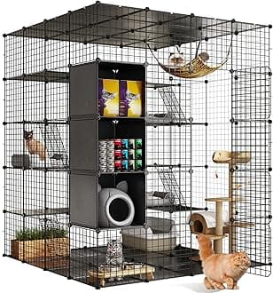 5-Tier Large Cat Cage Indoor & Outdoor, 140x140x175cm DIY Cat Enclosure with Hammock, 3 Doors & Roof Window, Pet Playpen for 1-5 Cats, Rabbits, Includes Storage Cube & Floor Mat