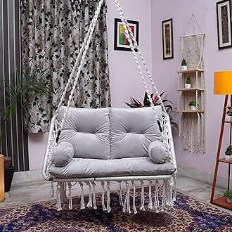 Patiofy Polyester Double Seater Swing Chair For Adults, 2 Seater Swing For Balcony/Living Room, Includes Large Sofa Grey Sitting Cushion (White), 51 Cm