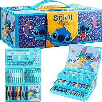 Disney Stitch Kids Art Set, Colouring Pencils Pens Crayons Art Supplies in Art Box 30 Plus Pcs - Stitch Gifts for Girls (Blue Stitch)