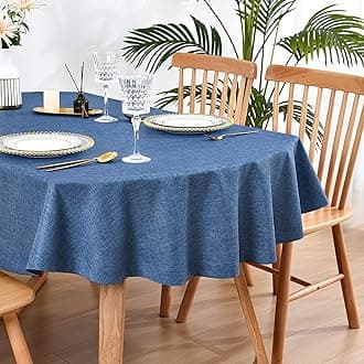 Wolkemer Faux Linen Oval Tablecloth Heavy Duty Wrinkle Resistant Fabric Table Cloths 60 x 84 Inch Navy Blue Farmhouse Rustic Table Cover for Kitchen Dining Indoor Outdoor Tabletop Decoration