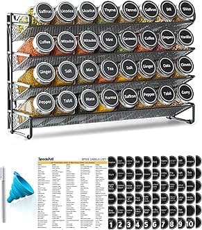 SpaceAid Spice Rack Organizer with 32 Spice Jars, 386 Spice Labels, Chalk Marker and Funnel Set for Cabinet, Countertop, Pantry, Cupboard or Door & Wall Mount - 32 Jars, 15.3" W × 10.8" H, Black
