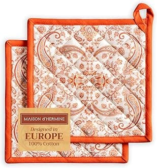 Maison d' Hermine Pot Holders 100% Cotton Set of 2 (20cm x 20cm) Hot Pads Heat Resistant with Bow Pot Holder for Baking, Barbecue, Home, Cachemire - Thanksgiving / Christmas