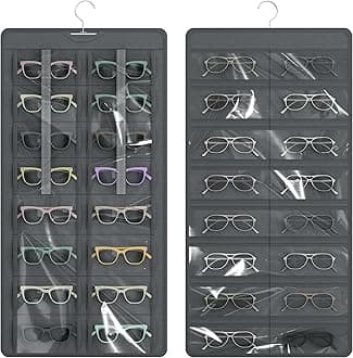 Hanging Sunglasses Organizer and Storage, Dual-Sided Sunglasses Case and Jewelry Holder, Wall-Mounted, 32 Clear Slots, Dust-Proof, Roof Design for Travel, Dark Gray