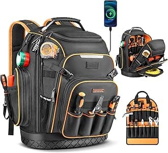 Tool Backpack, HVAC Tool Bag with Molded Base, Full Opening Electrician Tool Backpack for Men Heavy Duty, Tools Organizer Bags for Jobsite Work Handyman, Large Pockets & Combination Lock