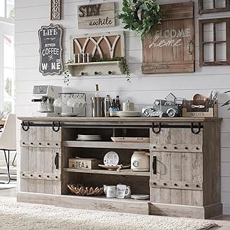 OKD 75" Sideboard Buffet Cabinet with Storage, Farmhouse TV Stand w/Sliding Barn Door, Rustic Long Coffee Bar, Large Buffet Table for Dining Room, Kitchen and Living Room, Light Rustic Oak