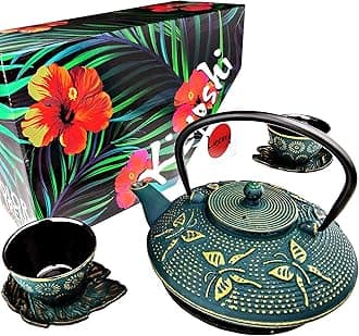 7PC Japanese Tea Set. "KIYOSHI Green" Cast Iron Tea Pot with 2 Tea Cups, 2 Saucers, Infuser and Teapot Trivet. Ceremonial Matcha Accessories
