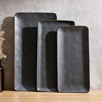 Serving Platter, Rectangular 15.67/14.1/12.6inch Serving Dishes for Entertaining, Dishwasher Safe, Stoneware Serving Trays for Party, Food, Turkey, Cheese, Reactive Glaze, Matte Dark Charcoal