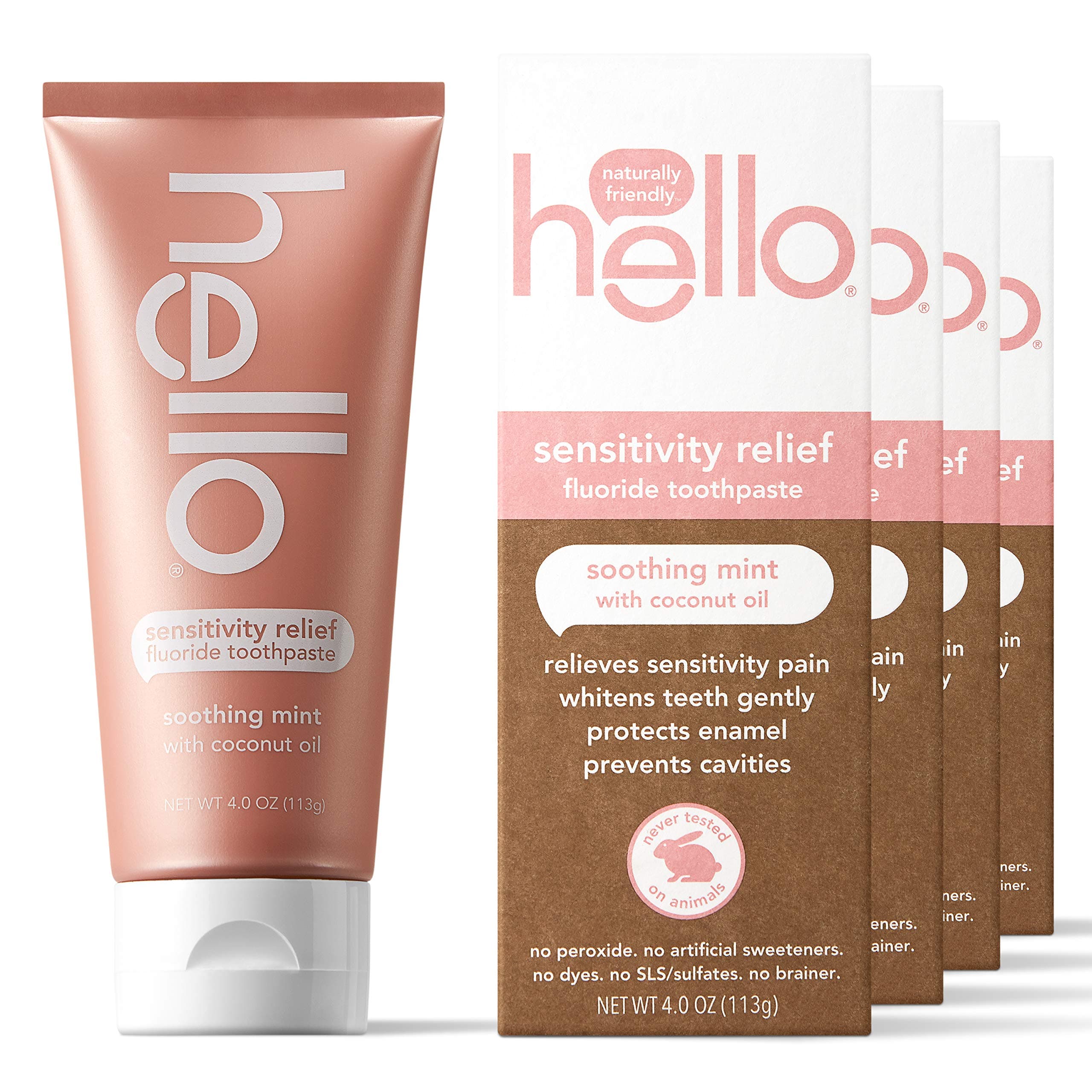 Hello Sensitivity Relief Toothpaste for Sensitive Teeth with Fluoride + Vegan SLS Free Whitening 4 Count Total Oz., Soothing Mint & Coconut Oil, 16 Ounce
