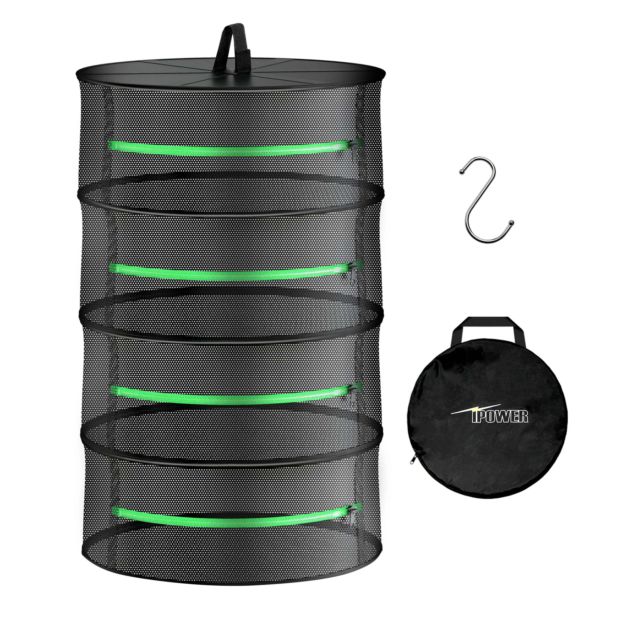 iPower 2ft 4-Layer Hanging Herb Mesh Dry Rack Foldable Drying Net with Zippers Heavy Duty Ring for Hydroponic Plant, Free Storage Bag and Hook Included