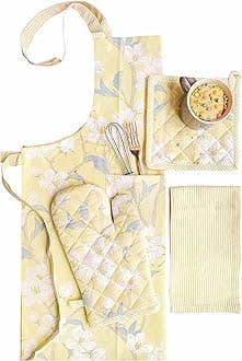 PIXEL HOME DECOR Printed Apron With Oven Mitt and Pot Holder with Kitchen Towel - Cherry Blossom Collection (Yellow Blossom)