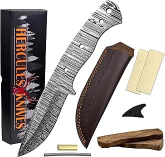 Custom Hand Forged Damascus Steel Blank Blade Knife Making Kit Hunting Knife Leather sheath, Pin, Scale, Camping Blade Damascus Blade Billet Knife Making Supply (BK-C)