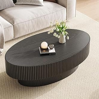 YOUDENOVA Oval Wood Coffee Table, Modern Fluted Coffee Table for Living Room, Veneer Handcrafted Relief 43.7" Olive-Shaped Tea Table with Sturdy Pedestal，Easy Assembly - Black