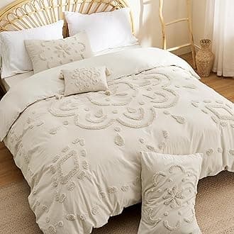 Bedsure Cotton Duvet Cover King Size - Tufted Beige Duvet Cover Set, 5-Piece Shabby Chic Boho Bedding Set with Fitted Sheet, Soft and Breathable Bedding Set with 2 Pillowcases(King, 104"x90")