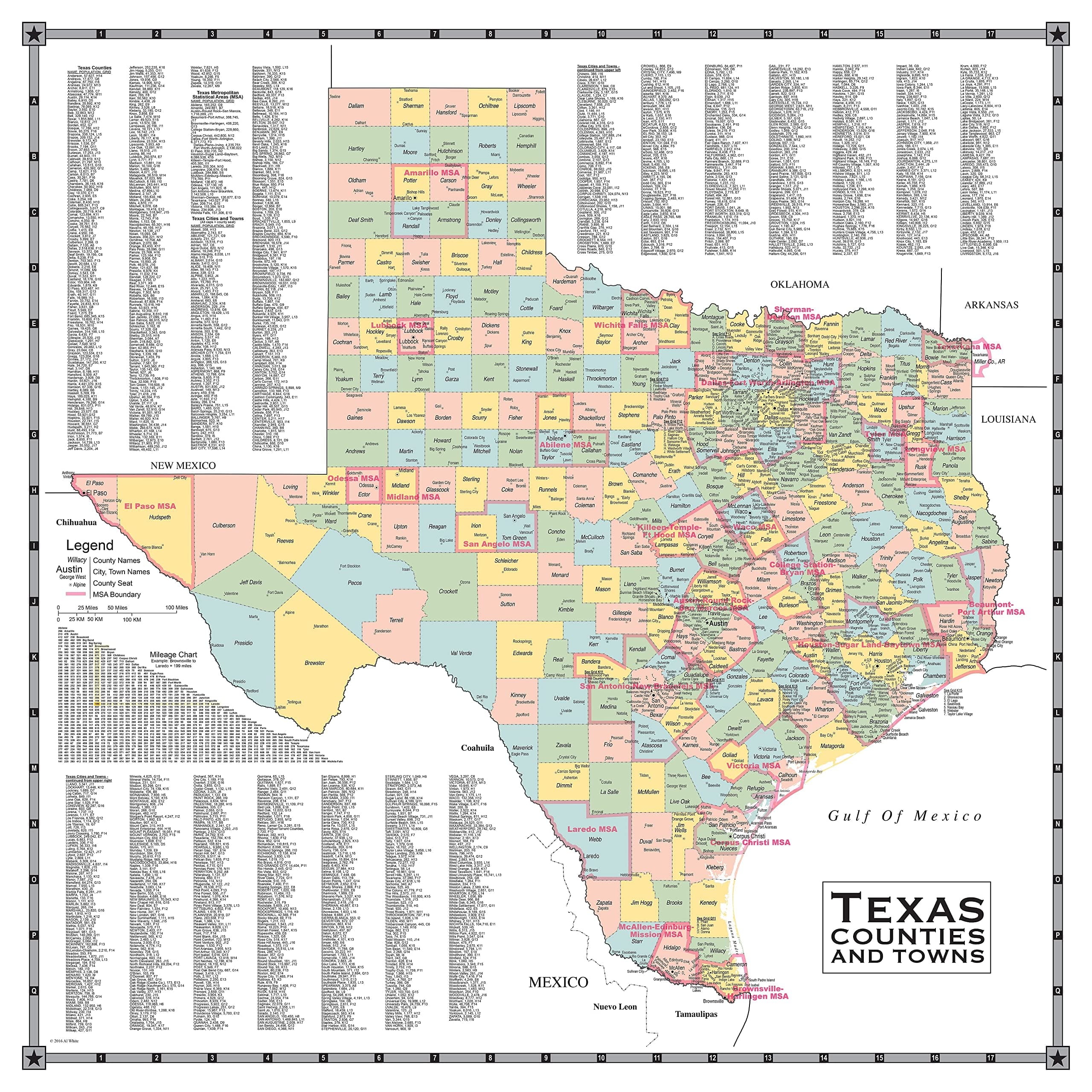 Texas Map Store County Wall Map - Includes Counties, Cities, Towns, County Seats, MSA's - Over 1200 Cities and Towns Listed with Populations (Laminated, 36 inches x 36 inches )