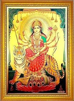 ADA Handicraft Durga Maa Sherawali Ambe Mata Photo Frame Wood Pooja Photo Frame (35 x 25 x 1 cm, Multicolour)