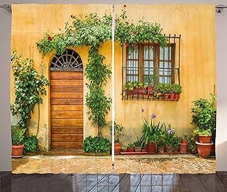 Ambesonne Italy Curtains, Porch Different Flowers Pots Fresh Plants City Life in Tuscany Europe, Living Room Bedroom Window Drapes 2 Panel Set, 108" X 63", Brown Green