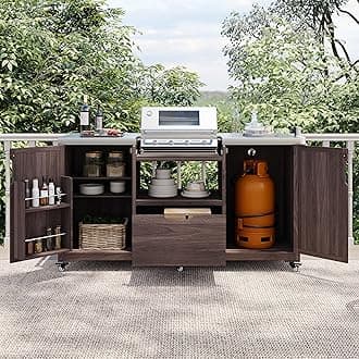 RUNNA Outdoor Kitchen Island for Big Green Egg Grills, Solid Wood Outdoor Grill Cart for Tabletop Grill with Stainless Steel Top, Drawer, Compatible with Large Big Green Egg, Kamado Joe (Brown@029)