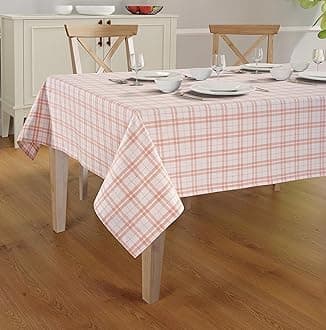 Dobby Check Tablecloth. Mitered Stitching 100% Ring Spun Cotton Tablecloth in Size (60x120 inches). Rectangle/Oblong Color - Rose