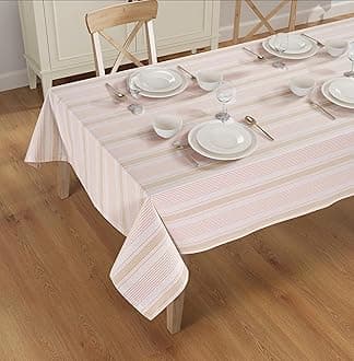 Cotton Table Cloth - Rectangle Table Cover - Dobby Stripe Cover - Cotton Mitered Stitched - Table Covers for Kitchen Dining, Wedding, Decorations, & Parties - 60'' x 104'' - Pink Taupe