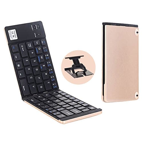 RSPrime Portable Universal Folding Bluetooth Keyboard Wireless Double Foldable Fold Mini Keyboard Pocket Size Ultra Compact Slim ABS Key Keyboard Aluminum Alloy for IOS Android Windows IPad Mini Tablet PC (Gold)