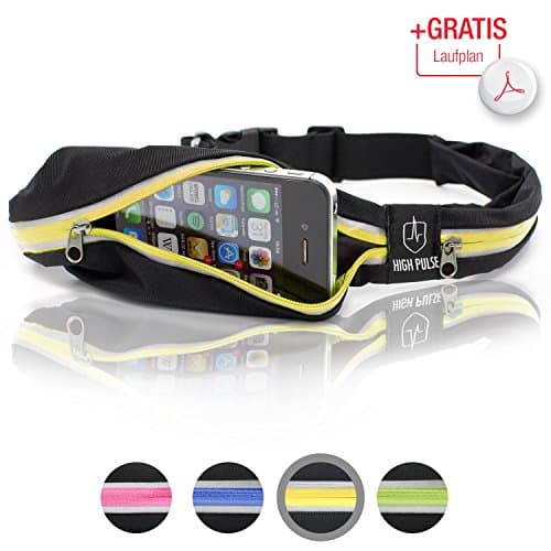 High Pulse Running Belt + Print-Out Training Plan – Multipurpose Exercise Pouch To Store Your Phone, Keys, Cards, Money (Yellow)