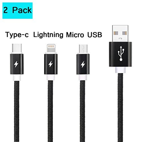 8 Pin Lightning / Type C / Micro USB Multi Charger 3 Cable, Amtake 3 ft Nylon Braided Multi Charging Cables For iPhone , Samsung and Other Android Devices (2 Pack)