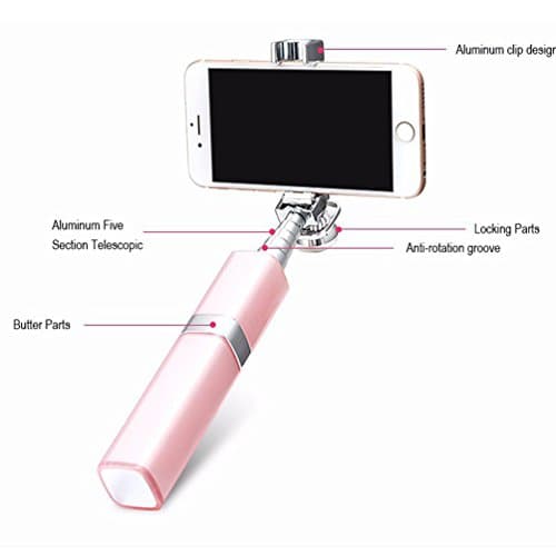 Jaylinna Generic Creative Lipstich Wired Selfie Stick Extendable Monopod for Iphone Samsung HTC Huawei and More(Pink)