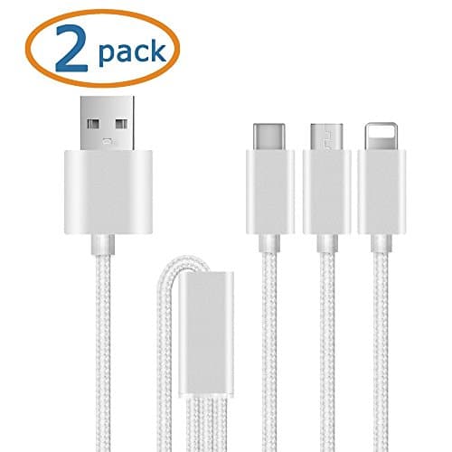 CiDoss 2 Pack Multi USB Cable 3.3 Feet (1M) Nylon Braided 3 in 1 USB Charge Cable with 8 Pin Lightning, USB Type C, Micro USB Charger Connector for iPhone 6 6 Plus 5 5s, iPad Tablets (White)