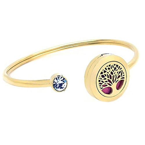 Efantina 20mm Aromatherapy Essential Oils Diffuser Cuff Bangle Bracelets with Gift Box, 316L Stainless Steel 20mm Locket Jewelry with 10 Color Refill Cotton Pads, Tree of life (Gold tone)
