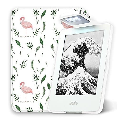 Young Me All New Kindle E-reader Rechargeable Led Light and Auto Wake/Sleep and Hand Strap Leather Cover/Case for Kindle 2016 6 inch 8th generation( Not Fit Kindle Paperwhite) Flamingo
