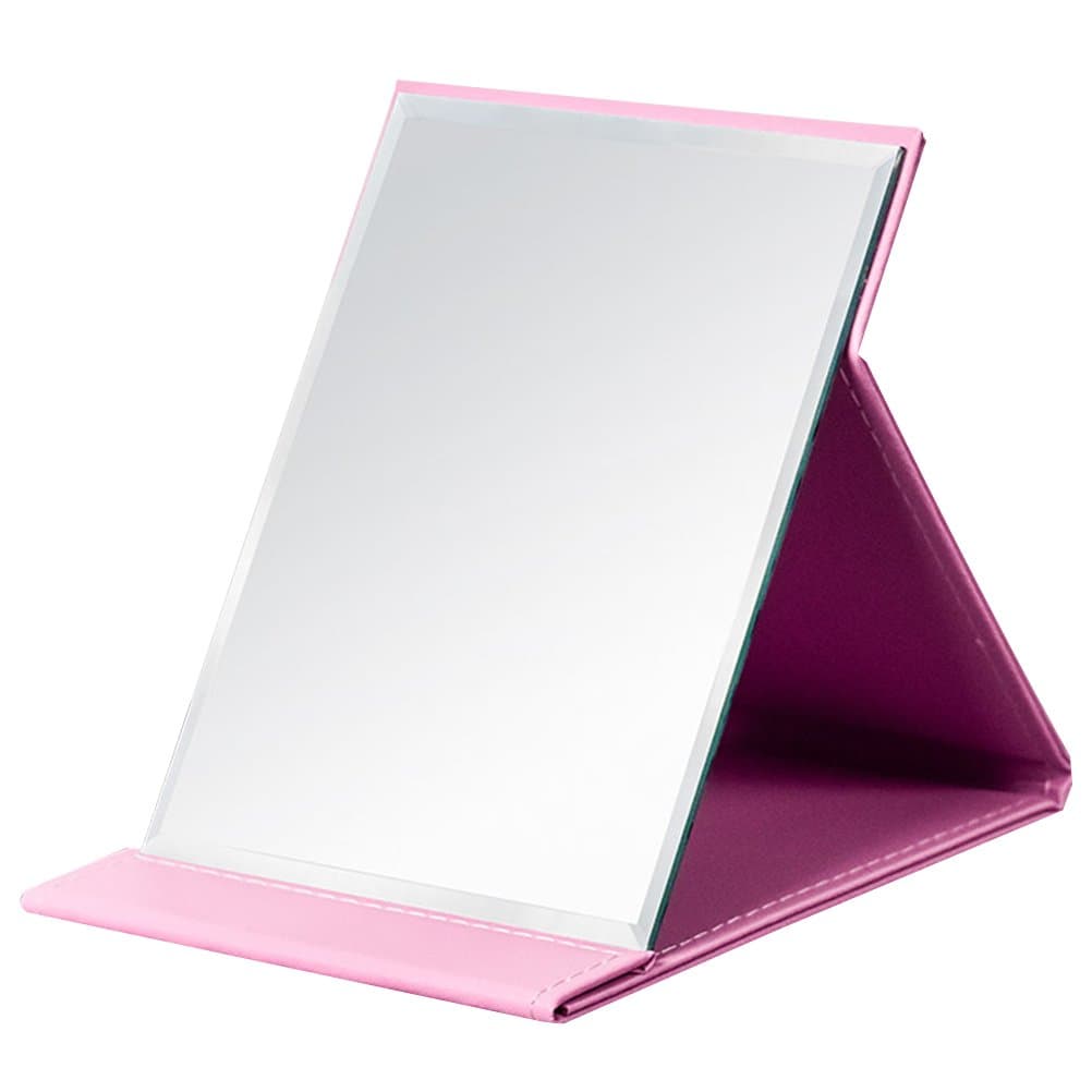 JOLY Protable PU Leather Mirror Folding Desktop Makeup Mirror with Adjustable Stand for Personal Use,Travelling (S, Pink)