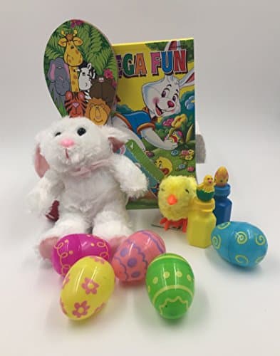 White Stuffed Plush Easter Rabbit | Easter Activity Book | Wind Up Toy | Bubbles | Paddleboard | Plastic Easter Eggs